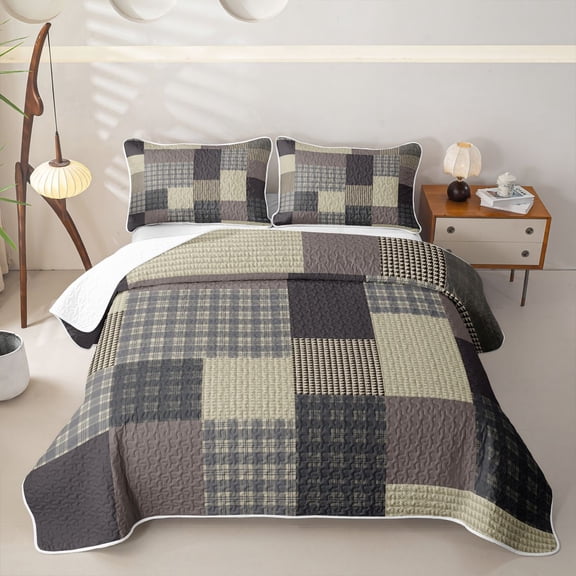 Erosebridal Brown Grey Patchwork Twin Quilt Set for Boys Men, Houndstooth Plaid Print Twin Coverlet Set, 2pcs
