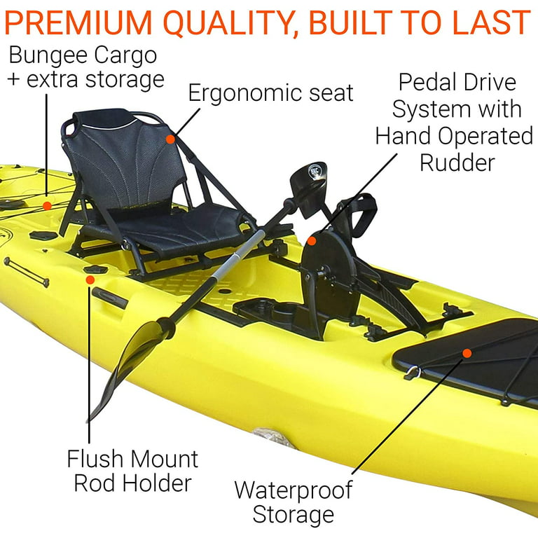 BKC PK13 13' Pedal Drive Fishing Kayak W/ Rudder System, Paddle, Upright  Back Support Aluminum Frame Seat, 1 Person Foot Operated Kayak 