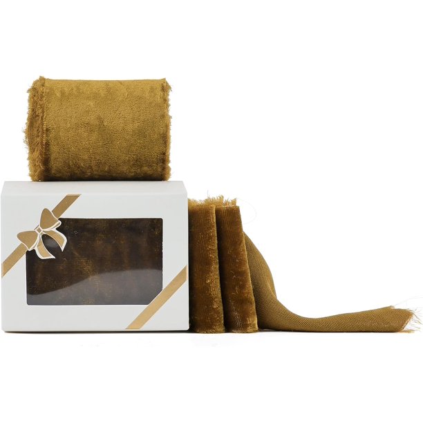 HUIHUANG Cinta de terciopelo verde oliva de 2.0 in hecha a mano con flecos de seda deshilachada para ramo de flores, envoltura de regalos, invitaciones, decoración navideña, decoración de boda, desped