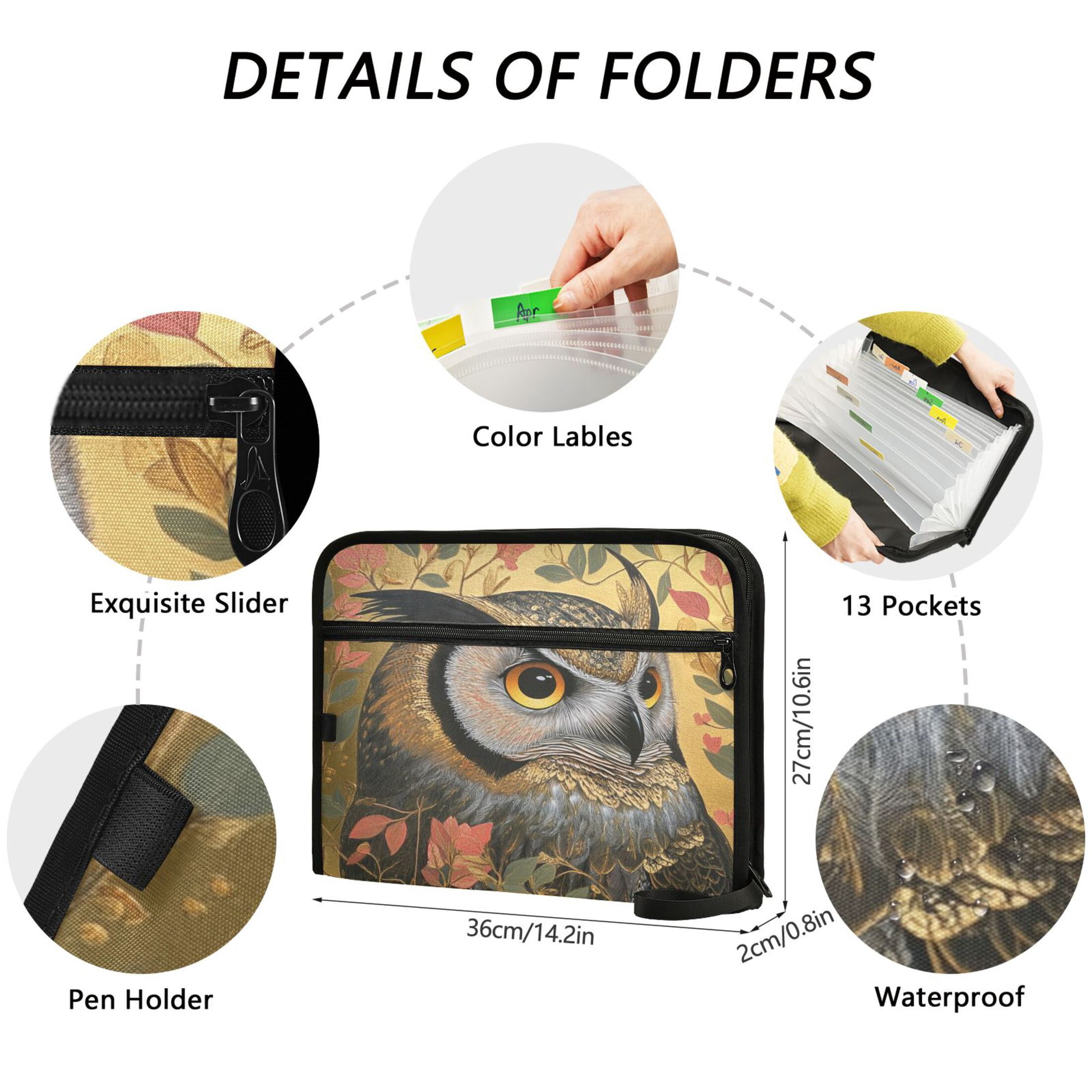 WOBOGO Owl Leaves Yellow Pattern Expanding File Folder Letter Size Accordion Filing Organizer 13 Pocket Separate Organ Pocket