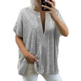 thumbnail image 2 of XMHJSMD Vacation Classic-Fit Shirt Plus Size Tops Women Loose Sequin V Neck Short Sleeved Casual Shirt Short Sleeved Blouse (Silver,M), 2 of 5