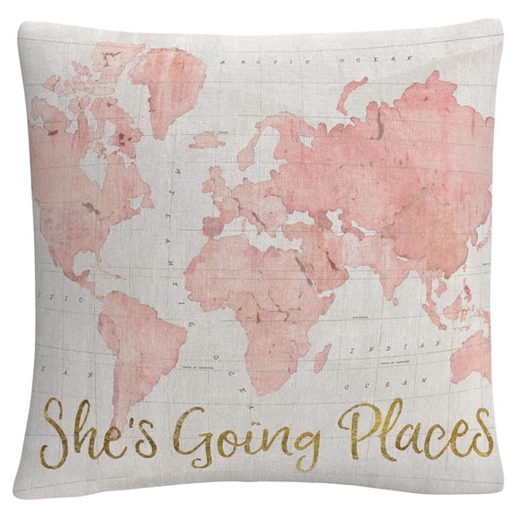 Trademark Fine Art Across The World Shes Going Places Pink by Sue Schlabach, 16x16 Decorative Throw Pillow