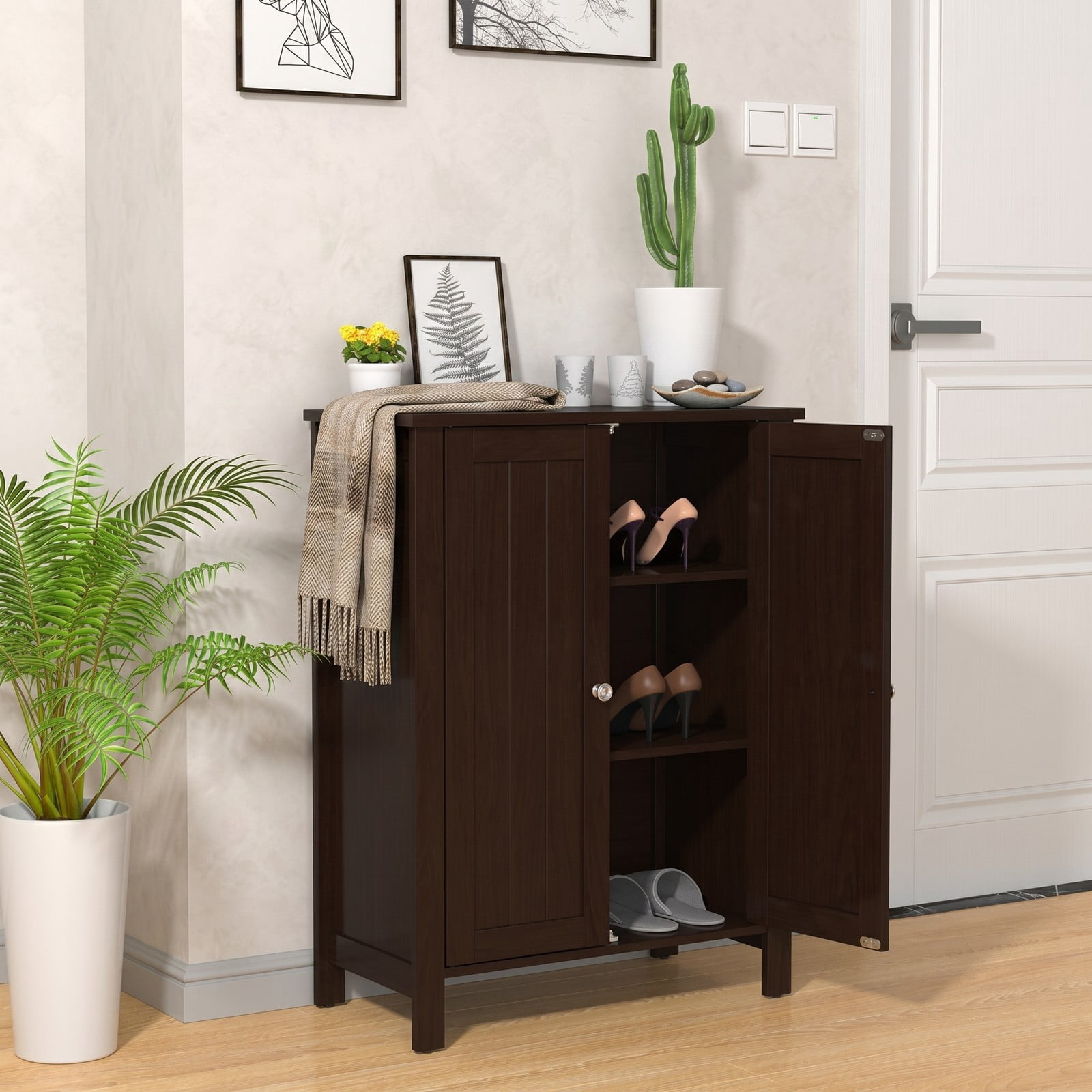 Fenbeli 2-Door Bathroom Floor Storage Cabinet, Freestanding Wooden Storage Organizer with 6-Position Adjustable Shelves, Space-Saving Side Cabinet for Bathroom, Brown