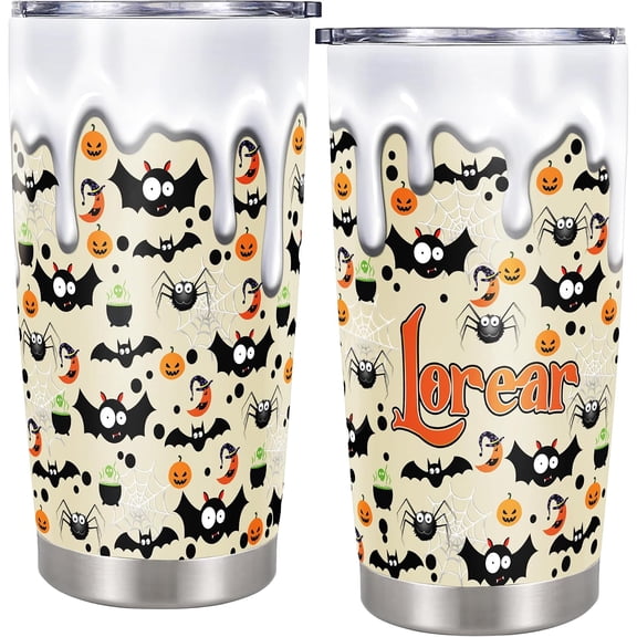Personalized Bat Halloween Pattern Tumbler Custom Name Travel Mug Coffee Insulated Cup with Lid Stainless Steel 20Oz 30Oz Decor Gifts for Women Men Kids