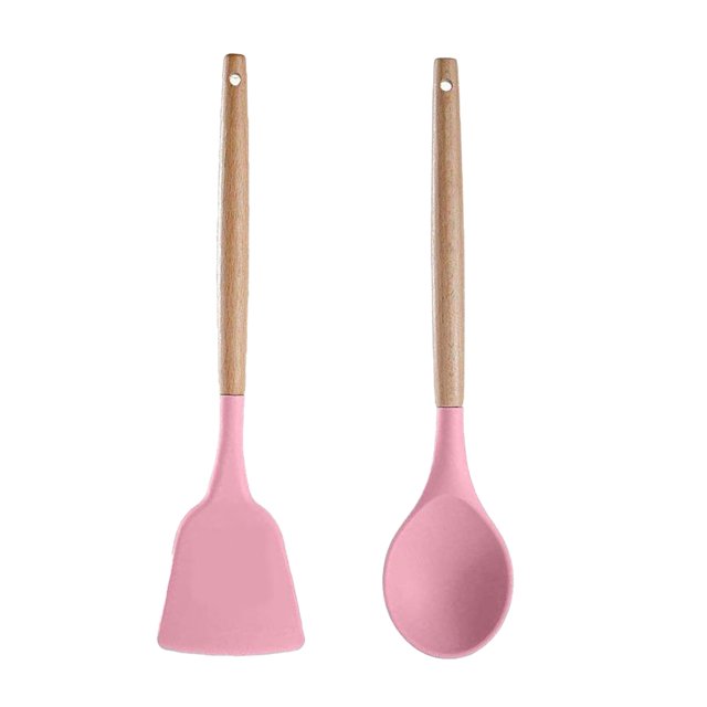 Los utensilios de cocina del utensilio de cocinar del silicón fijaron, manijas de madera del utensilio de cocina del silicón de 2 pedazos