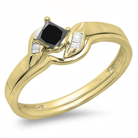 Dazzlingrock Collection 0.50 Carat (ctw) 10K Black & White Diamond Bridal Engagement Ring Set 1/2 CT, Yellow Gold, Size 7