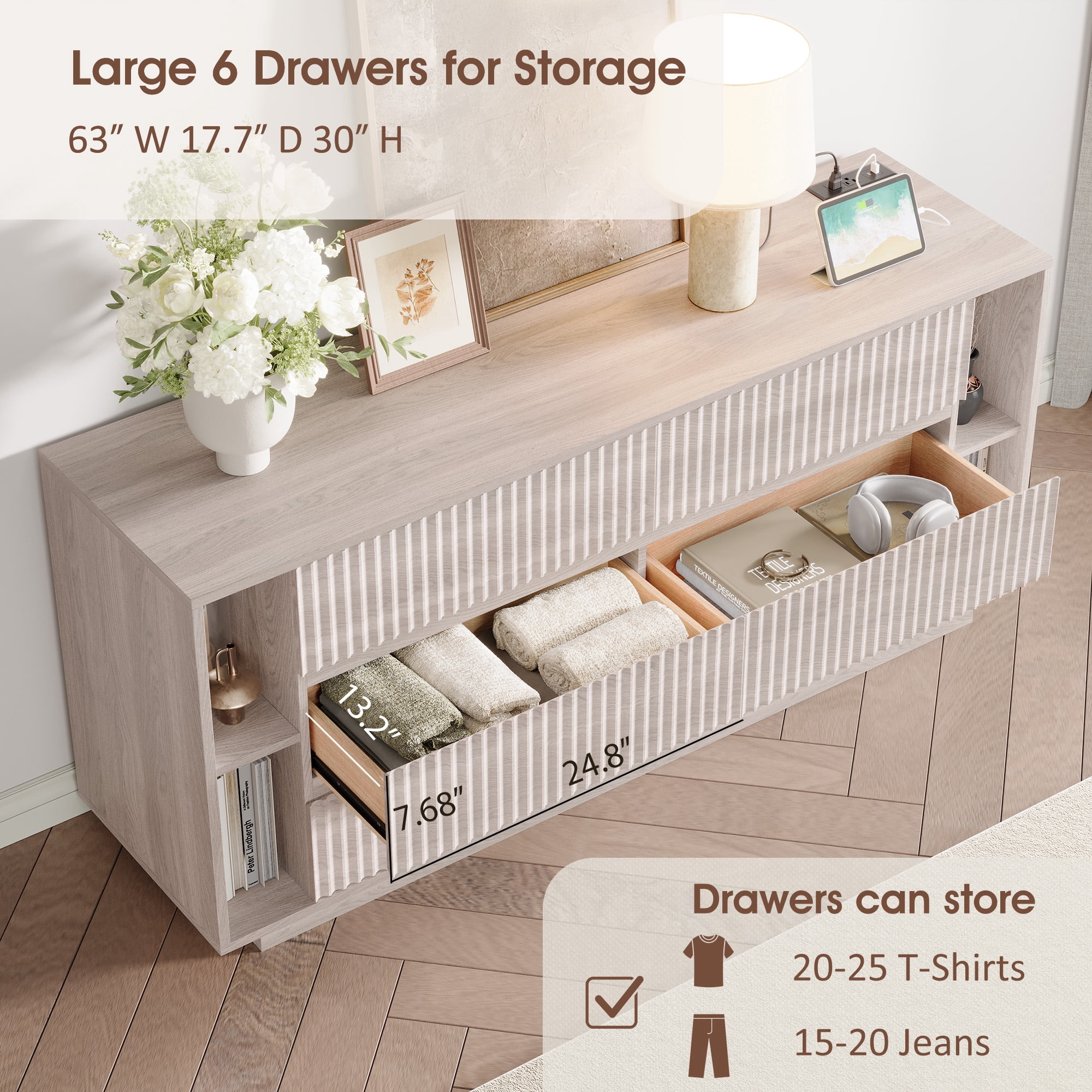 Fluted 6 Drawer Dresser with Shelves, 63'' Wide Bedroom Chest of Drawers, White Alder