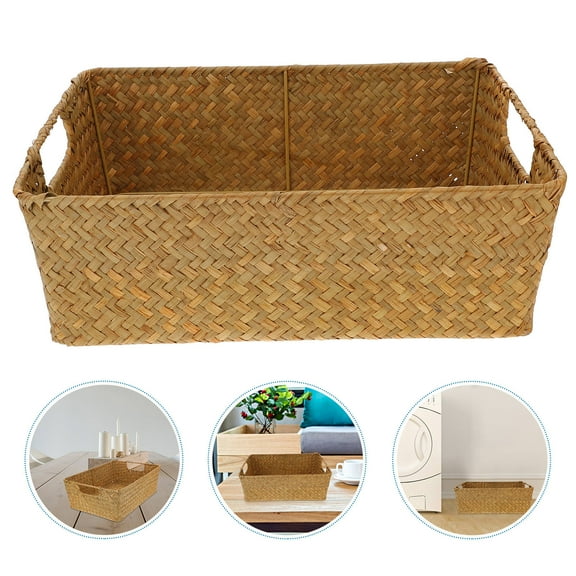 LOLIPPYY Handmade Khaki Seaweed Woven Storage Basket for Organizing Small Items 13.5 x 9.5 x 5.5 Inches