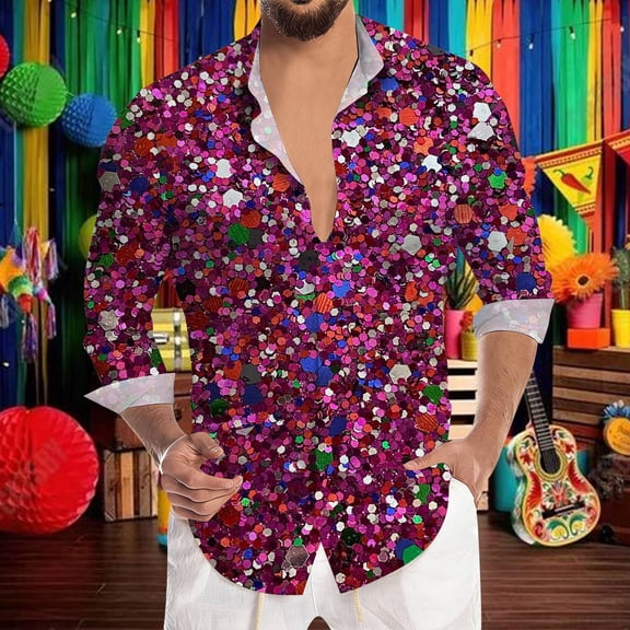 Mens Shirts Carnival Glitter Sequin Print Party Long Sleeve Button Down Top Casual Festival Celebration Comfortable Shirt for Men Dark Purple L