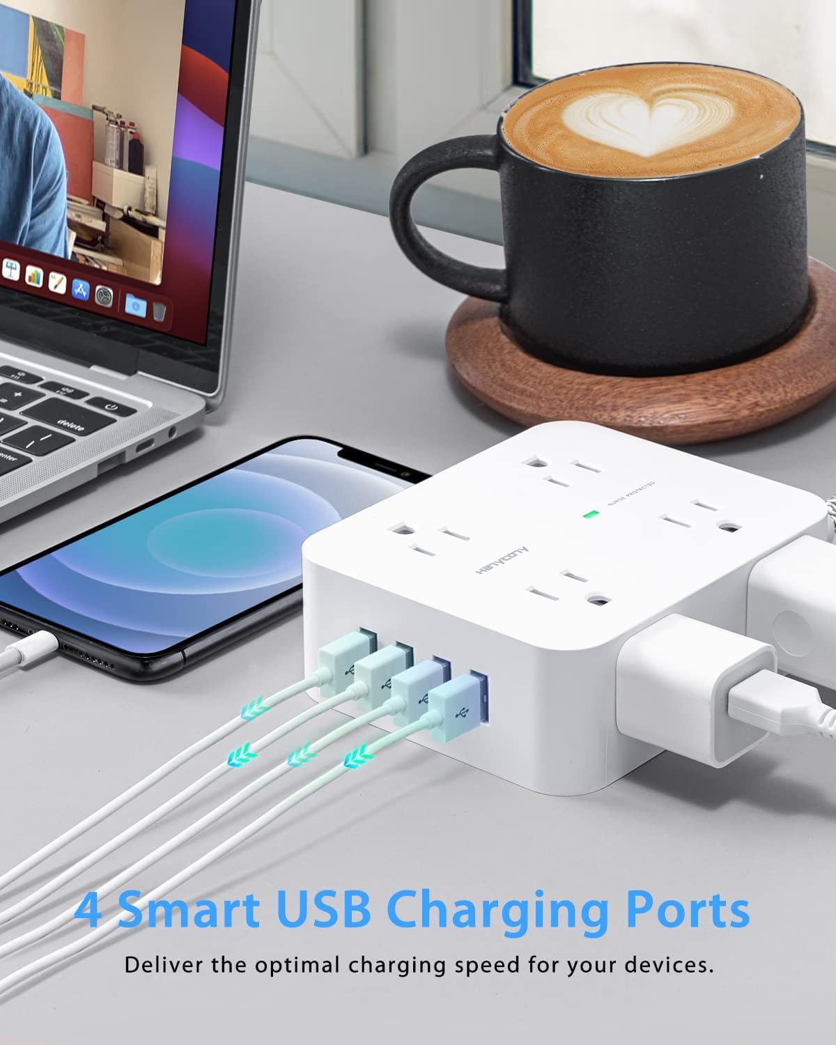 Surge Protector Power Strip - 8 Widely Outlets with 4 USB Charging Ports, 3 Side Outlet Extender with 5Ft Braided
