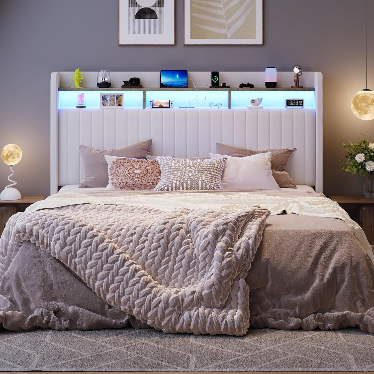 SHA CERLIN King Size Lift Up Storage Bed Frame, LED Lights, Charging Station, 2-Tier Shelves Headboard, USB Type-C Ports, Velvet Upholstered, Hydraulic Support, Noise Free, White
