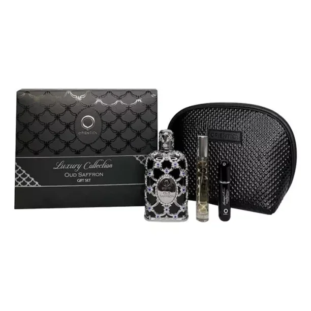 SET ORIENTICA LUXURY COLLECTION OUD SAFFRON 4PZS 80ML EDP SPRAY/ PERFUMERO RELLENABLE / BOLSO DE DAMA/ 7.5ML EDP