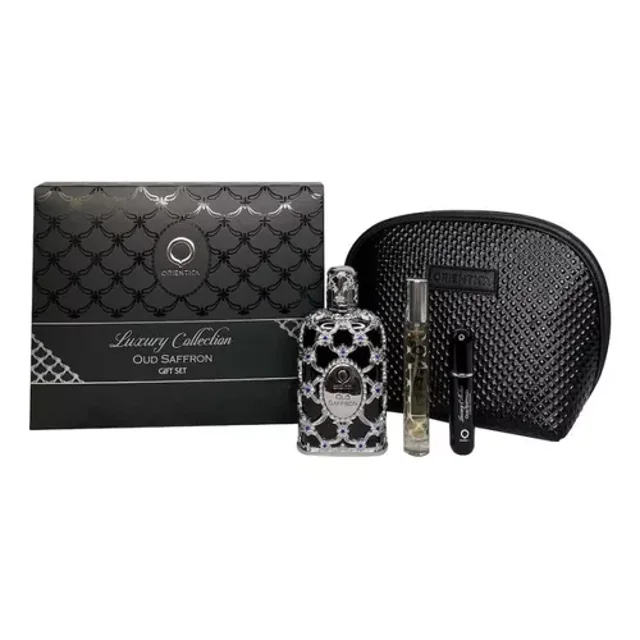 SET ORIENTICA LUXURY COLLECTION OUD SAFFRON 4PZS 80ML EDP SPRAY/ PERFUMERO RELLENABLE / BOLSO DE DAMA/ 7.5ML EDP