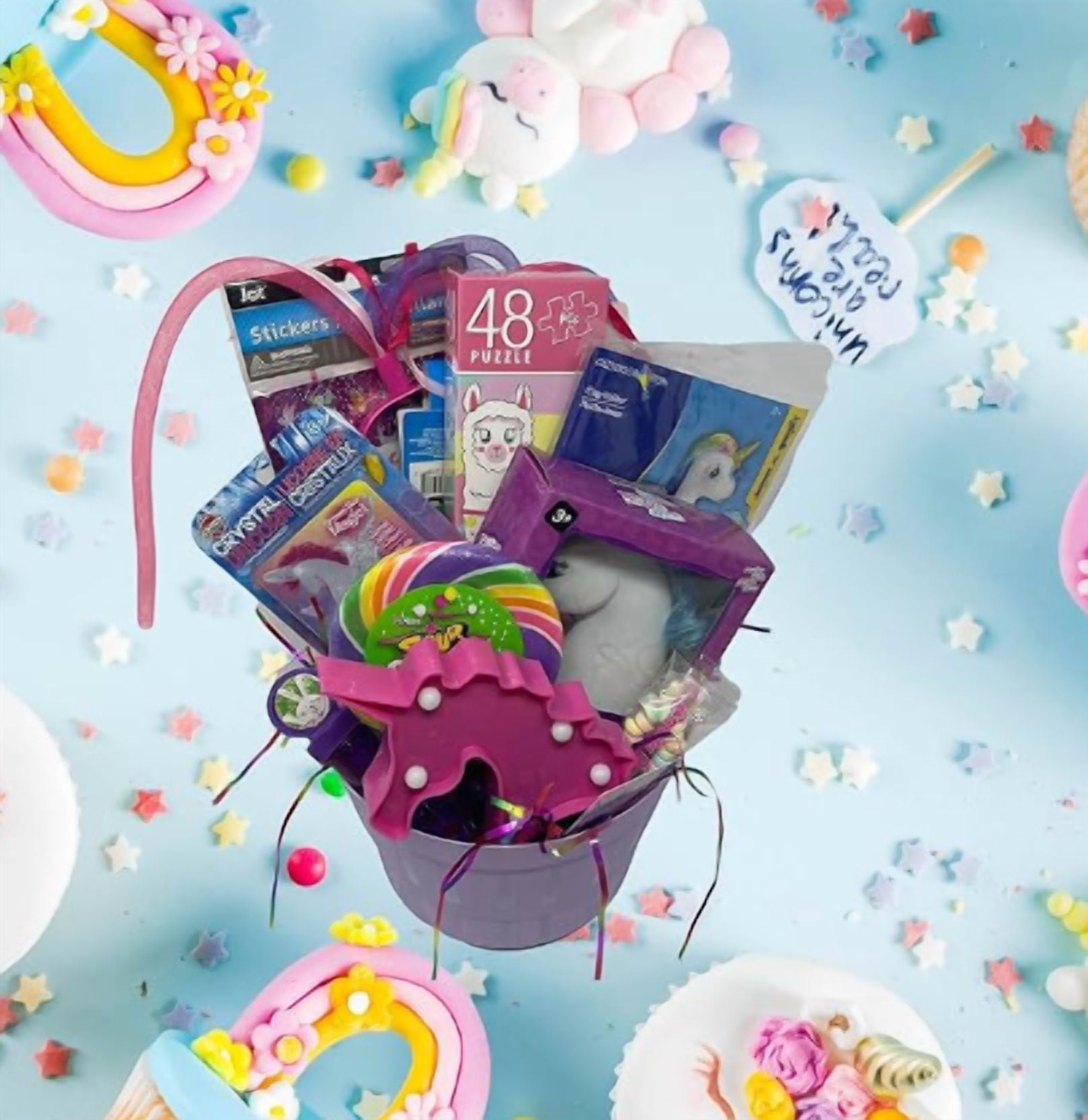 Unicorn Purple Gift Basket Stocking Stuffer Decoration Party Favor Surprise Basket Prize Gathering Carnival Classroom Rewards Filler Fun Party Birthday Supplies Assorted Gifts Set of 1