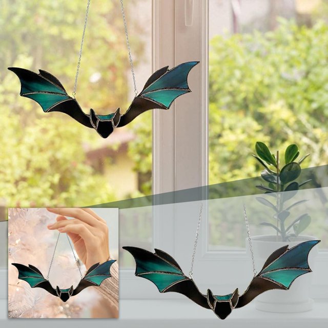 DGLQMYX (Venta de liquidación) Atrapasol de vidrio manchado con forma de murciélago de Halloween, colgante de ventana, arte de pared acrílico, decoración atrapasol