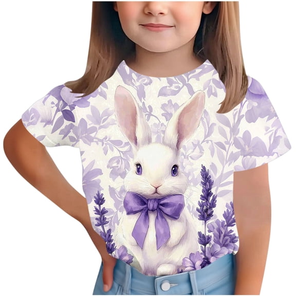 Girls Bunny T-Shirt Lavender Purple Floral Easter Soft Short Sleeve Tee Tops Kids 3-14 Years,Size 14 T