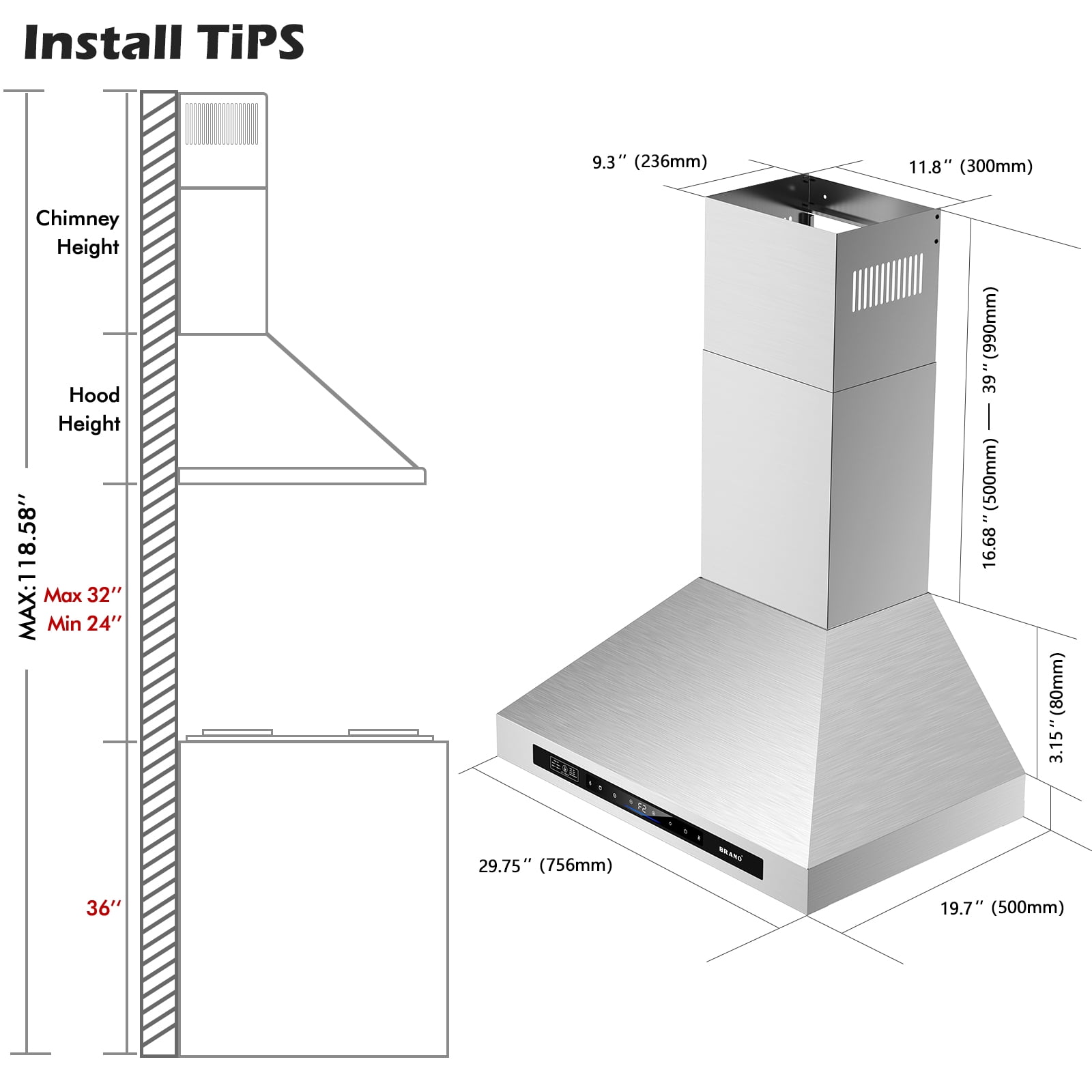 Brano 30 Inch Range Hood Wall Mount 900 CFM Ducted/Ductless Convertible Stainless Steel Vent Hood, Voice Gesture Touch Control Panel