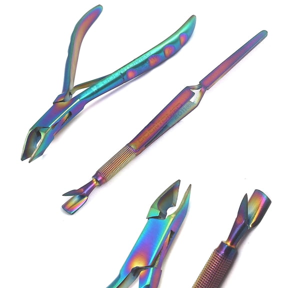 OdontoMed2011 Colorful Stainless Steel Nail Art Tools Pinching Cuticle Pusher and Cuticle Cutter Nipper - Multifunction False Nail Cutter Shaping Tweezers Manicure Tools
