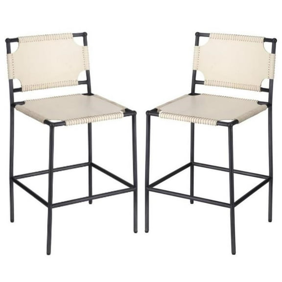 Home Square Transitional Leather Counter Stool in Off White - Set of 2