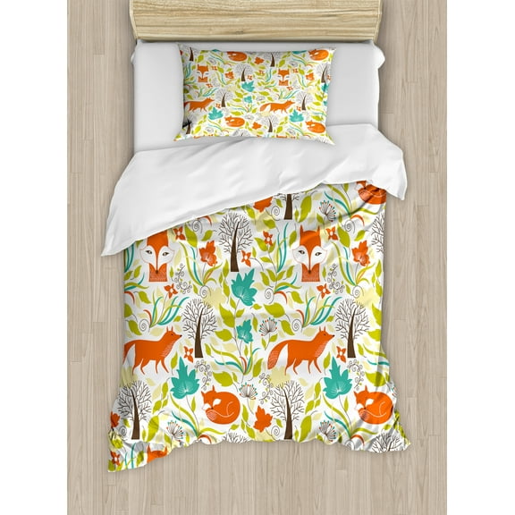 Cartoon Duvet Cover Set, Wild Fox Wolf with Leaves Flowers and Leafless Trees Print, Decorative 2 Piece Bedding Set with 1 Pillow Shams, Twin Size, Orange Green and Blue, by Ambesonne
