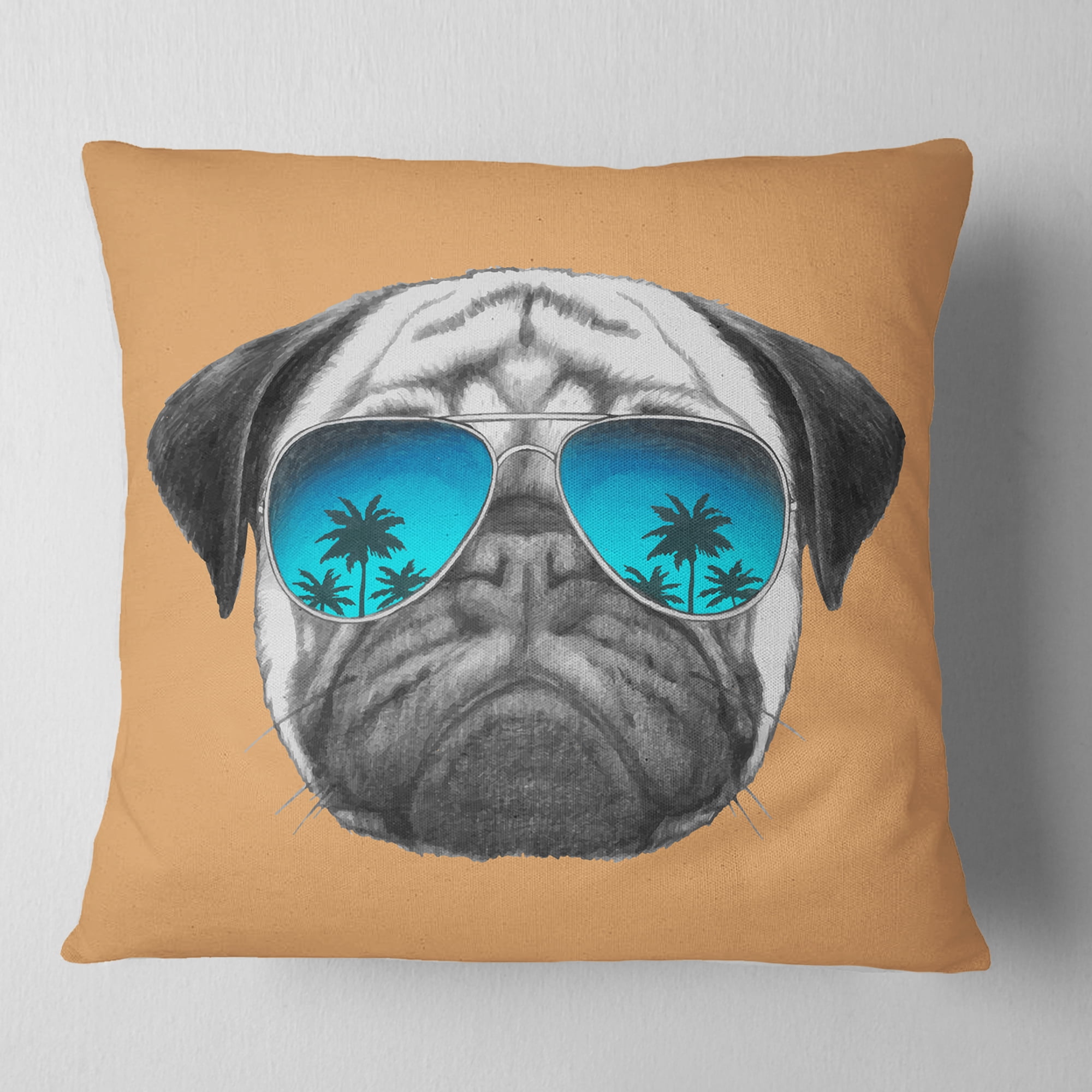 Designart Funny Dog with Blue Glasses - Animal Throw Pillow - 18x18