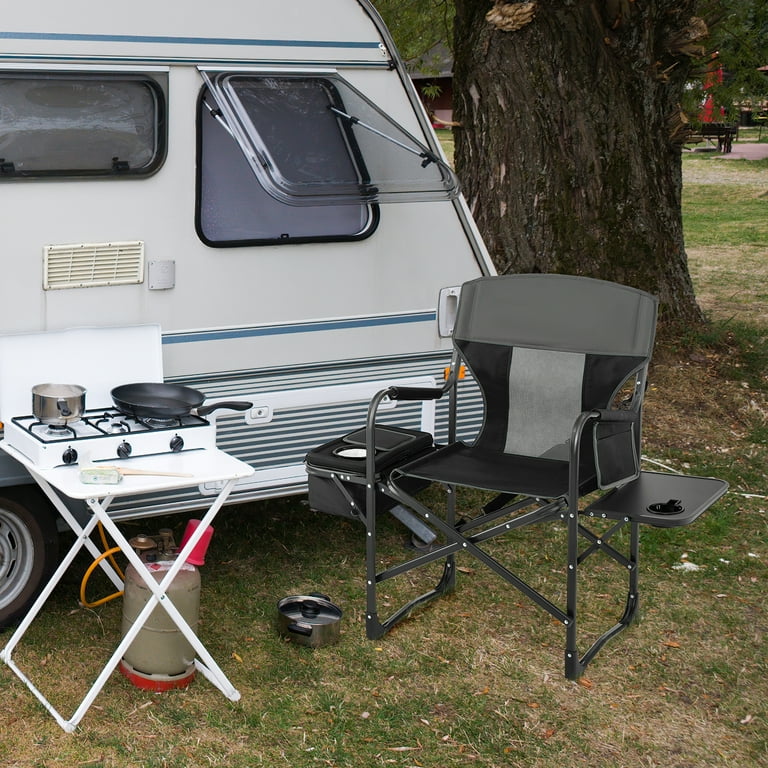 Folding Camp Chair with Side Table Side Pockets Camping Directors Chair Outdoor Portable Folding Chair Black