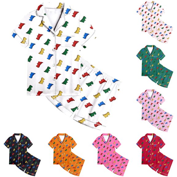 JAJAHO Kids Pajamas For Girls Set Cartoon Dinosaur Printed Summer Short Sleeve Sleepwear 2 Piece Set 2-13Y