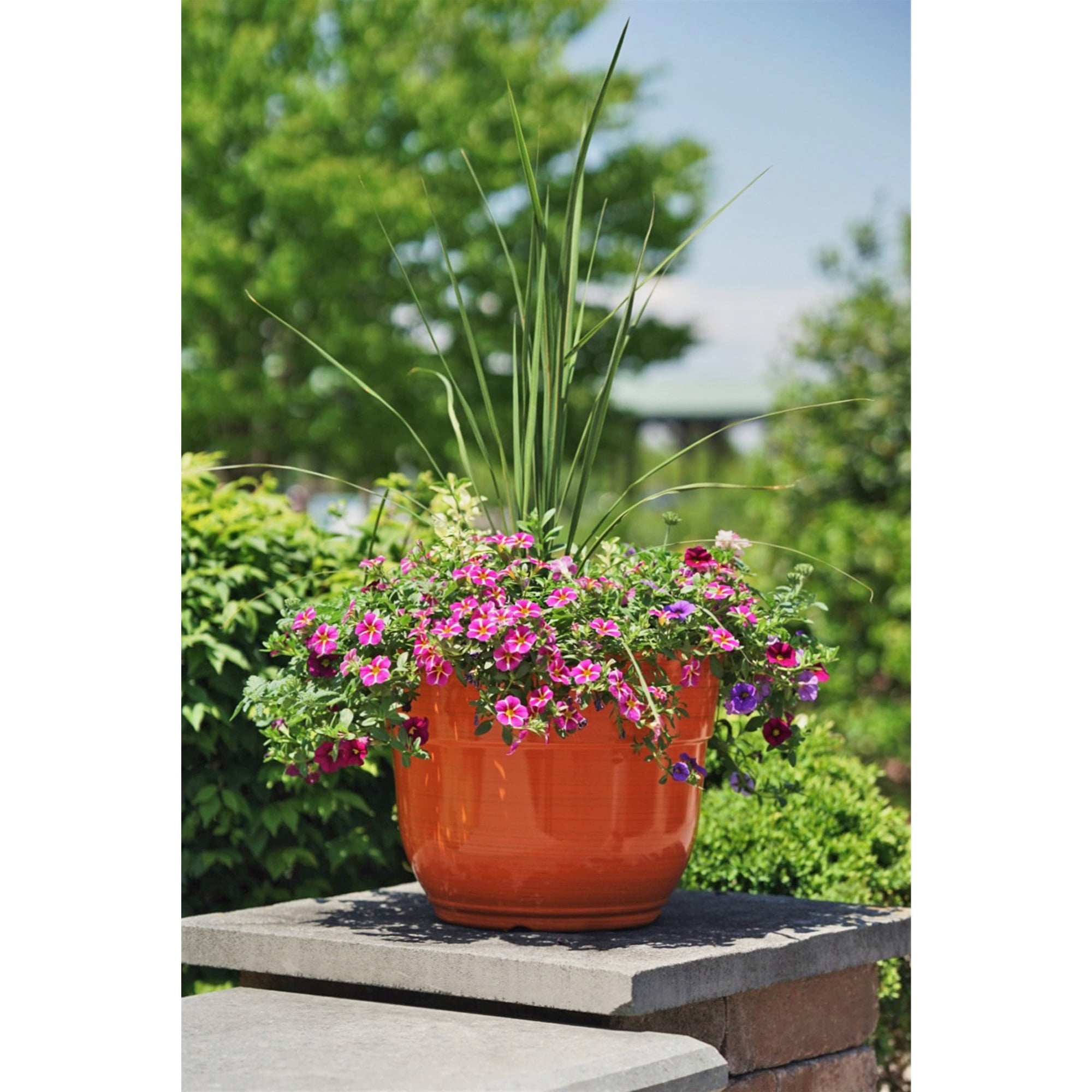 Garden Elements Indoor/Outdoor Glazed Brushed Happy Plastic Planter, Large, Bright Orange, 15"