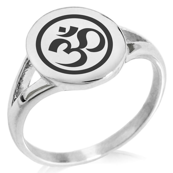 Stainless Steel Sacred Circle Sanskrit Om Minimalist Oval Top Polished Statement Signet Ring