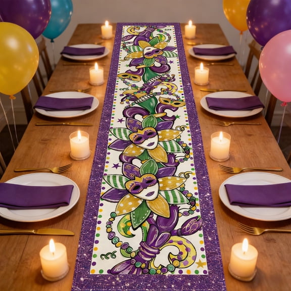 Tuscom Mardi Gras Table Runner, 72x13 Inch Carnival Table Decor for Kitchen Dining, Purple Gold Green Mask Fleur-de-Lis Design, Holiday Party Supplies, Indoor Home Decoration, Washable Table Cover