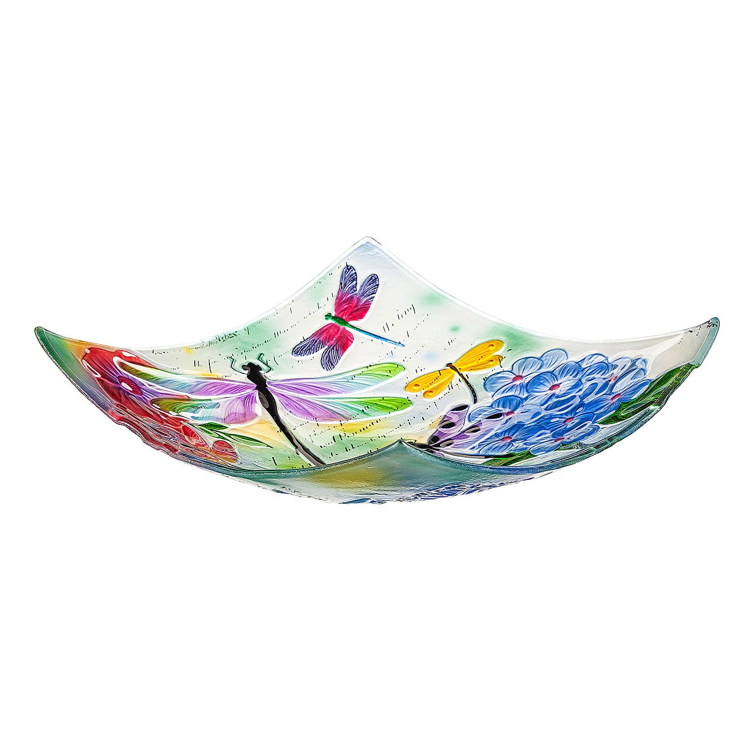 Evergreen 16.5" Hand Painted Embossed Square Glass Bird Bath, Dragonfly Prints, 16.5'' x 16.5'' x 2.4'' inches