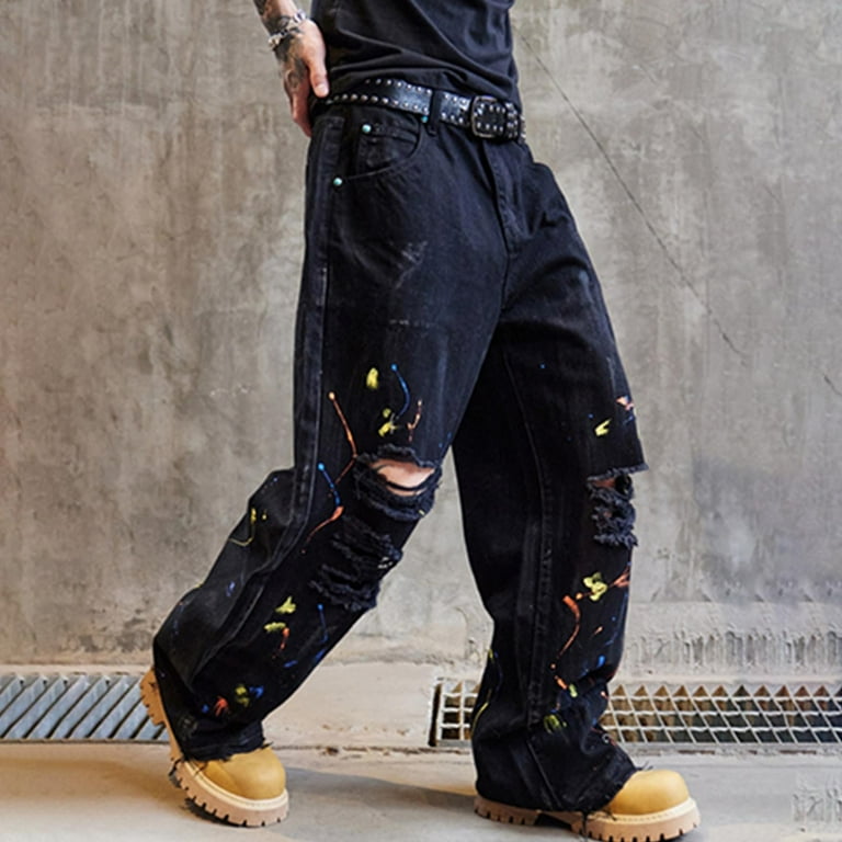 BosfBaoi 100% Denim Paint-Splatter Cargo Pants for Men - Loose Fit