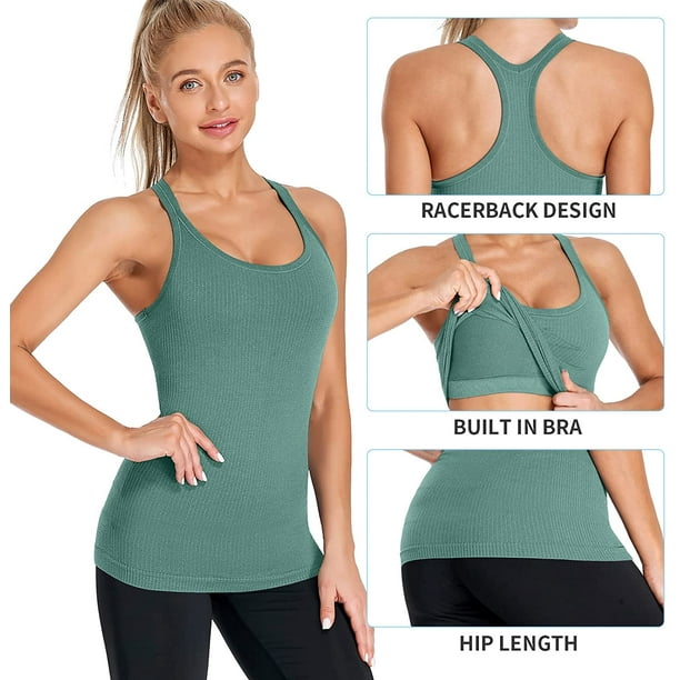 Women's Ribbed Workout Tank Tops with Self Bra Racerback Athletic
