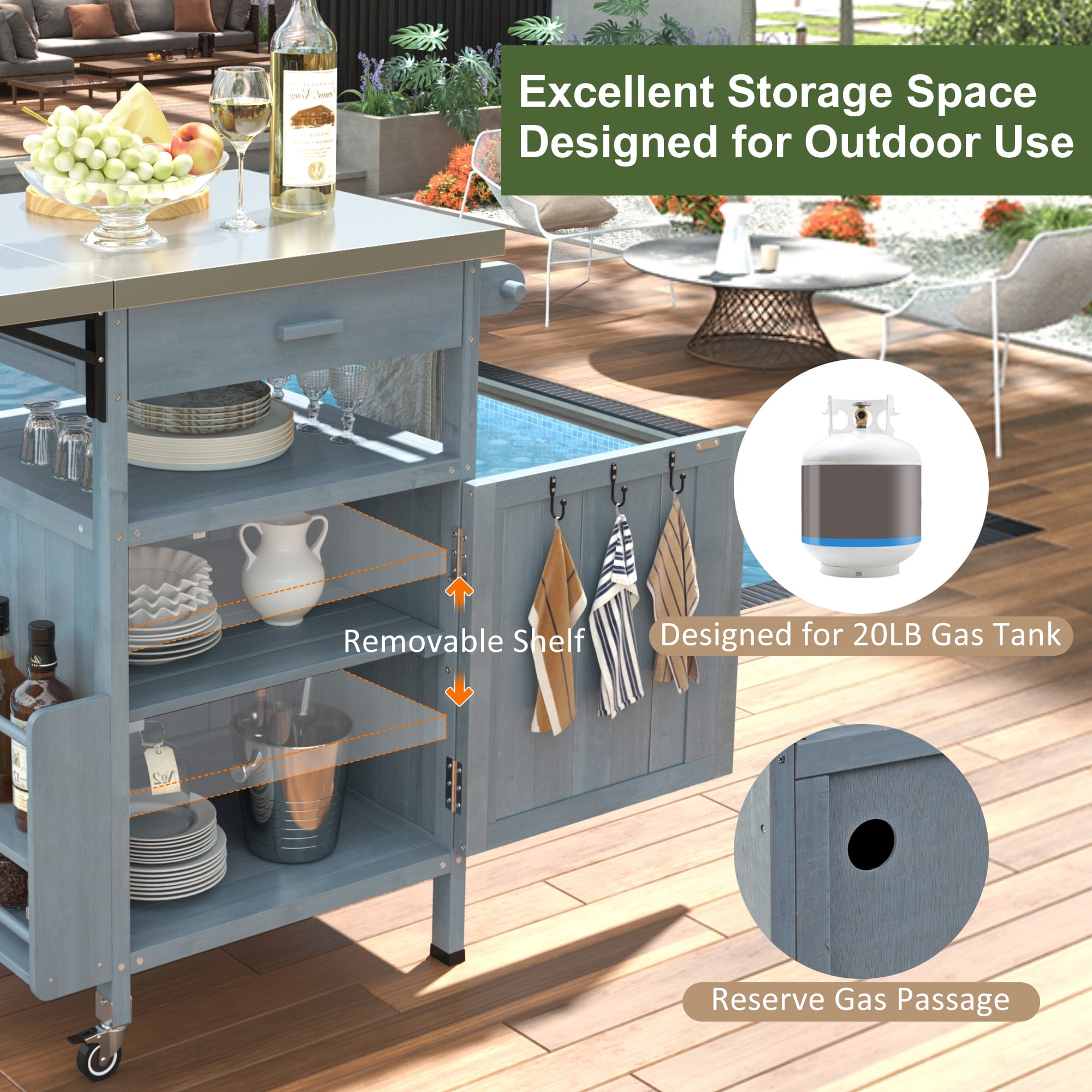 40.5" Outdoor Grill Cart with Stainless Steel Top, Solid Wood Outdoor Storage Cabinet with Drop Leaf, One Drawer, Towel Rack, Rolling Kitchen Cart with Lockable Wheels for Lawn Garden, Blue Grey