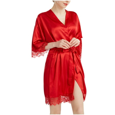 BRGZLK Women s Satin Robe Valentines Lingerie for Women Kimono Bathrobe Short Ruffle Belted Robes Bridesmaids Sleepwear Red M