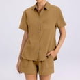 thumbnail image 5 of Shorts Sets Women 2 Piece Outfits Linen Button Down Shirt And Casual Shorts Sets Summer Travel Vacation Beach Matching,Light Brown L, 5 of 5