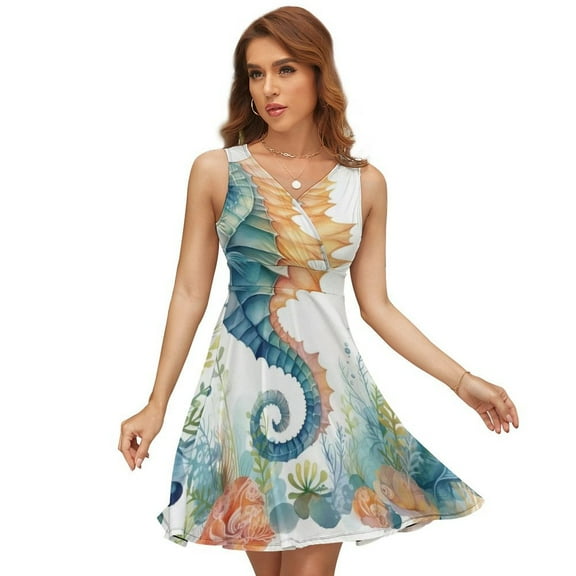 Marine Life Seahorse Sleeveless Dress Women Summer Evening Dresses Ladies Sundress