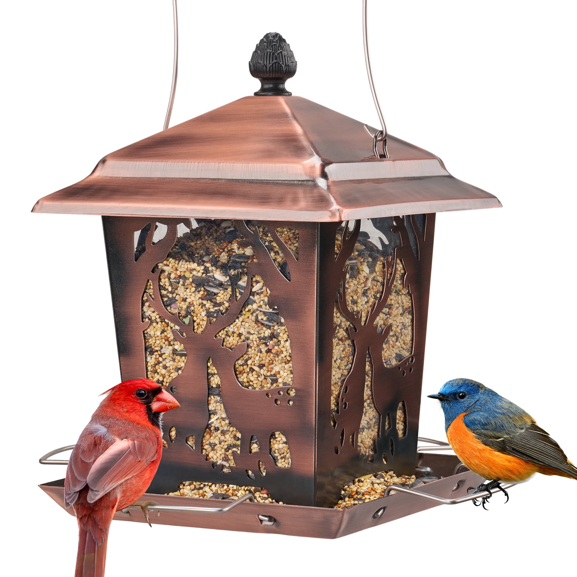 Kingsyard Hopper Metal Wild Bird Feeder for Outdoor Hanging with 4 Perches Rainproof Roof, Bronze