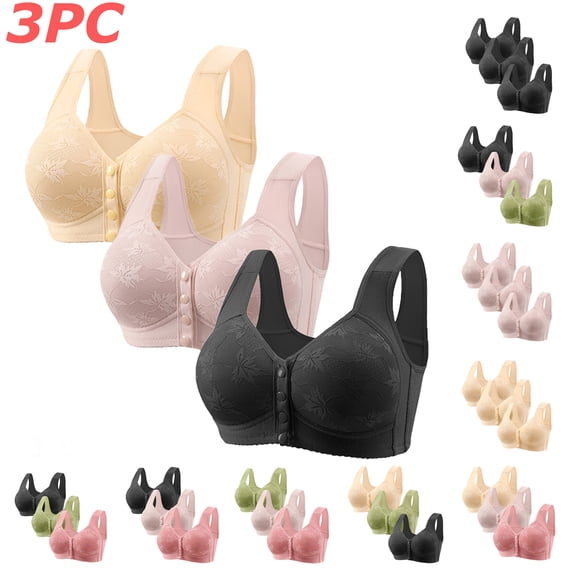 Tqyyweavej 3 Pack Daisy Bras for Older Women Lightly Lined No Underwire Push Up Bras Full Coverage Seamless Cotton Front Closure Bras for Women