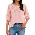 thumbnail image 2 of GILIGEGE Boho Linen Tops for Women,Summer Embroidered 3/4 Sleeve Gauze Shirts,Oversize Crewneck Cute Casual Loose Cotton Blouses,Beach Boho Peasant Shirts,2026 Summer Trendy Blouses Light Pink 2XL, 2 of 6