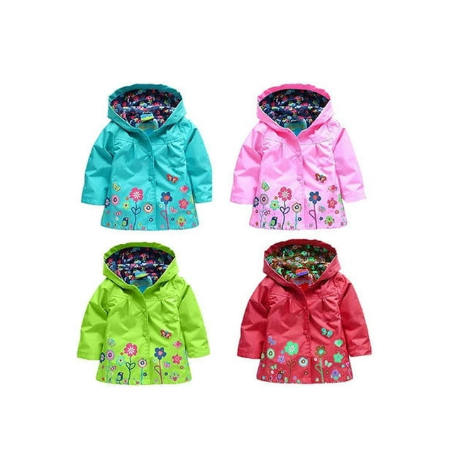 Imperméable à Capuche pour Petites Filles Motif Fleur Imprimé Simple Boutonnage Coupe-Vent Extérieur