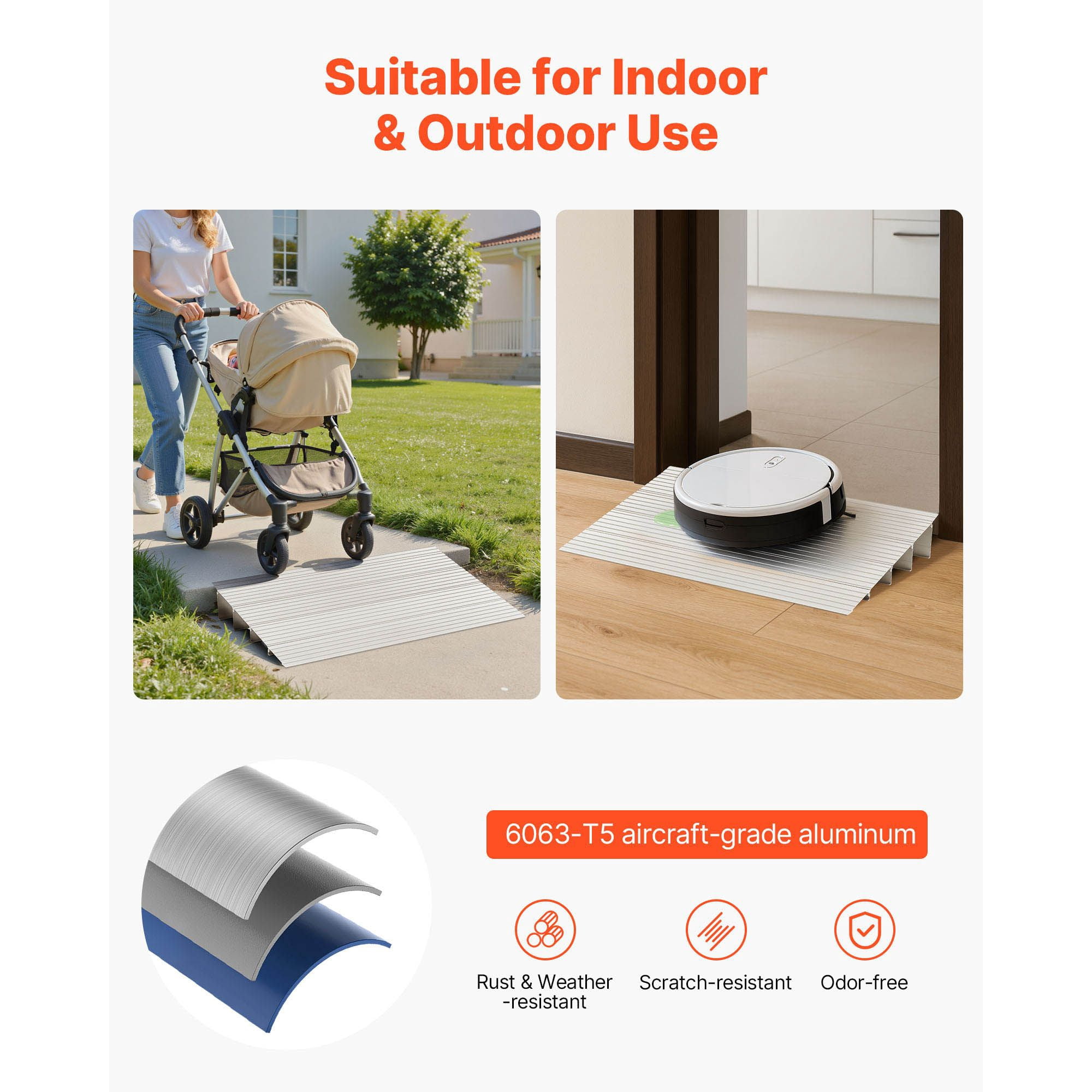 Door Threshold Ramp, 4 inch Rise, Aluminum Alloy Threshold Ramp Rated 800 lbs Load Capacity, Handicap Ramps for Home Steps for Wheelchair, Scooters, Power Chairs, Walkers, Bicycle, Tricycle