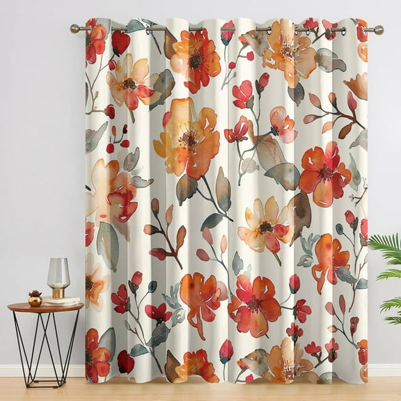 Watercolor Floral Curtains,Orange Flower Blackout Curtains for Bedroom Living Room Decor,Farmhouse Window Curtains Grommet Darkening Drapes 2 Panels-52"W x 63"L (Pack of 2)