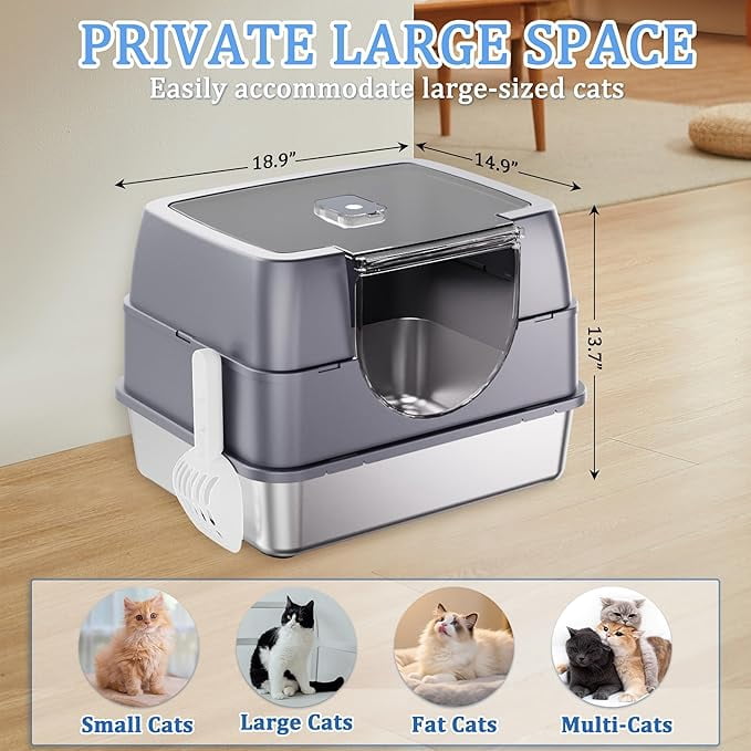 Stainless Steel Litter Box with Lid, Side Entry Large Enclosed Cat Litterbox for Kitty & Multi-Cat, Flip Cover Easy to Clean, High Sided Metal Cat Litter Pan with Scoop,Anti-Leakage, Non-Sticky