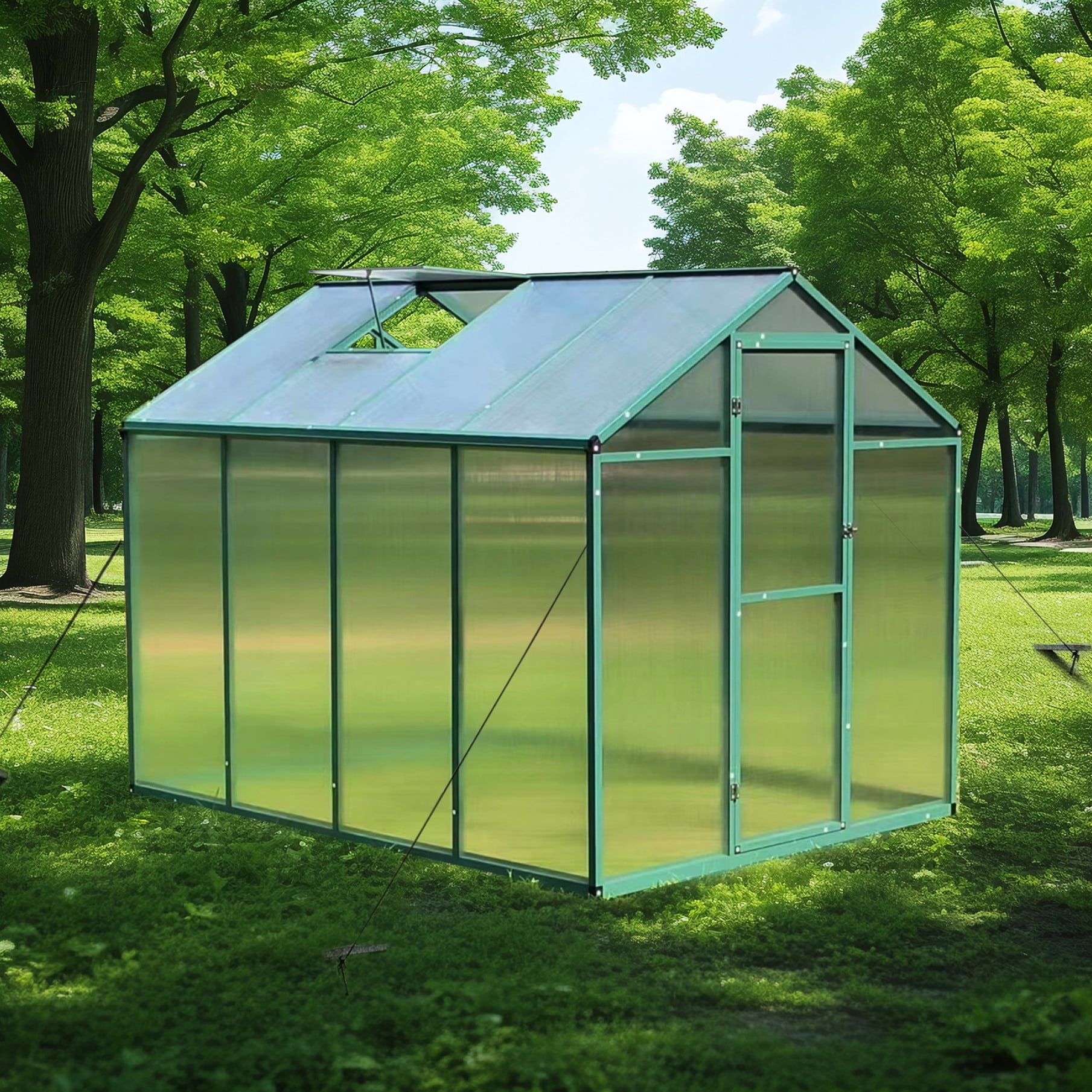 6x8 FT Walk-In Polycarbonate Greenhouse with Roof Vent & Rain Gutter, Durable Aluminum Frame for Year-Round Gardening, UV Protection for Plants, Ideal for Patio or Backyard