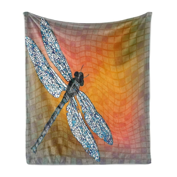 Dragonfly Soft Flannel Fleece Throw Blanket, Bird Like Bugs Flying on Orange Marigold Abstract Geometrical Digital Backdrop, Cozy Plush for Indoor and Outdoor Use, 60" x 80", Multicolor, by Ambesonne
