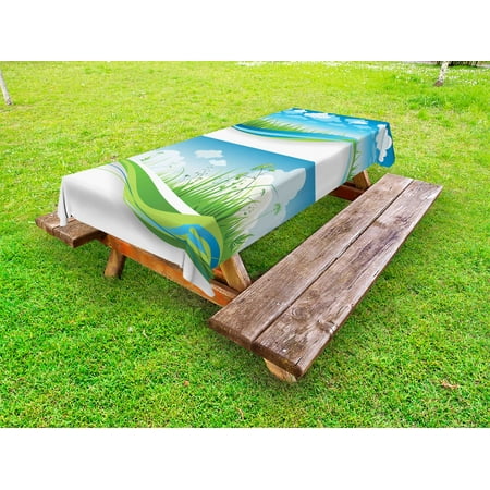 

Nature Outdoor Tablecloth Fresh Summer Meadow Frames Grassy Green Field Rural Lawn Environment Eco Decorative Washable Fabric Picnic Tablecloth 58 X 120 Inches Blue Green and White by Ambesonne