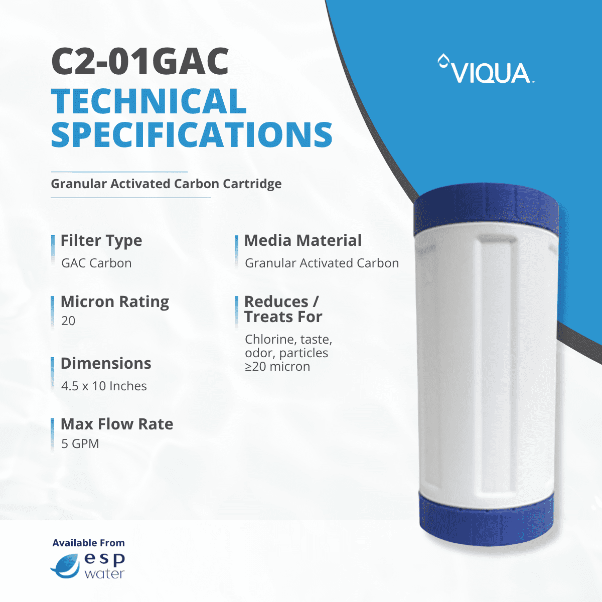 Viqua C2-01GAC Carbon Filter, 4.5 x 10 Inch GAC Cartridge, Taste & Odor Reduction