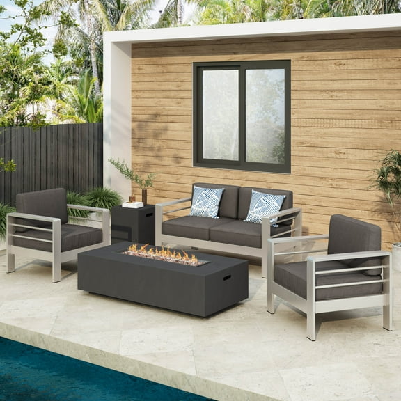 Miller Outdoor 5 Piece Chat Set with Dark Grey Fire Table, Gray, Silver