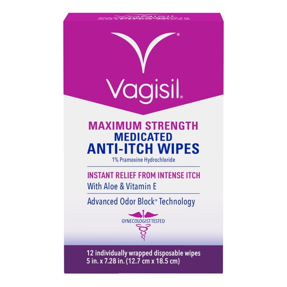 Vagisil Anti-Itch Medicated Wipes, Maximum Strength For Instant Relief from Intense Itch, 12 ct - 2 Pack